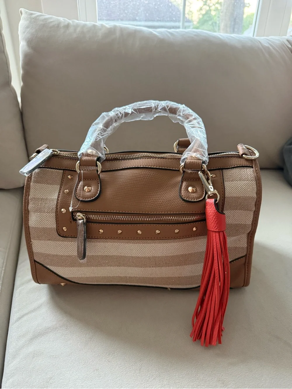 ALDO NWT Striped Satchel Crossbody Handbag Beige Camel Red Tassel